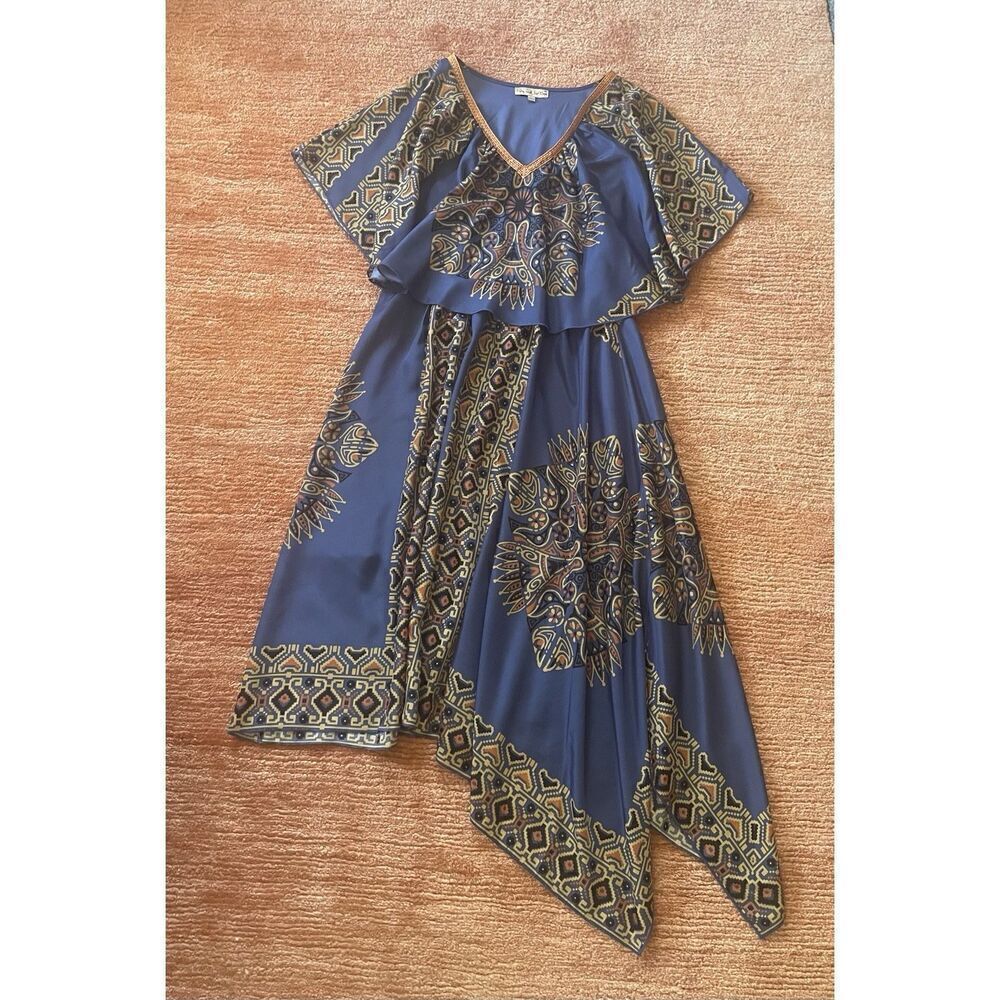 Live and Let Live Boho Asymmetric Blue Aztec Dress Cape Yoke Size S